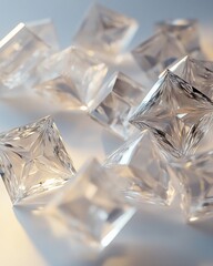 Aufkleber - Close-up of scattered, translucent, square-cut gemstones, reflecting light.