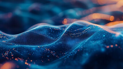 Aufkleber - Abstract blue and orange wavy digital particles background.
