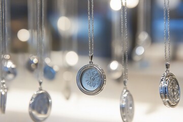 Poster - Close-up of silver necklaces with circular pendants featuring etched designs, hanging in a display.