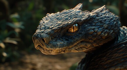 Poster - Close-up of a Gaboon viper's head, showcasing its intricate scales and intense gaze in a lush jungle setting.