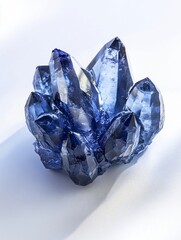 Fototapete - Close-up of a vibrant blue crystal cluster on a white background, showcasing its multifaceted structure and translucent quality.