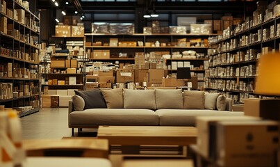 Poster - Modern warehouse interior with sofa and shelving units full of boxes.