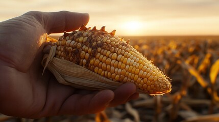 Poster - Farmer's hand holding a single ear of corn at sunset in a harvested field.