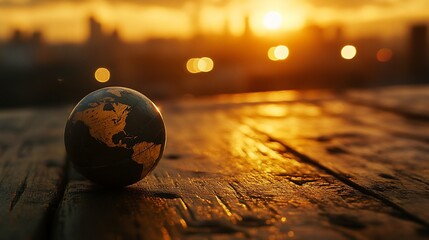 Poster - Small globe sits on weathered wood at sunset, city skyline blurred in background.