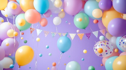 Poster - Pastel balloons and bunting float against a purple background.