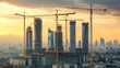 © hazia - Sunset cityscape with multiple skyscrapers under construction.