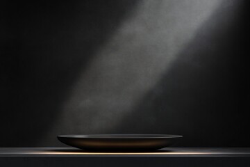Poster - Dark moody studio shot of empty black bowl on dark surface with spotlight.