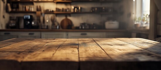 Poster - Rustic wooden table in a blurred kitchen background.