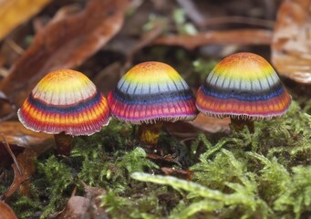 Poster - Three vibrant, rainbow-colored mushrooms growing in moss among fallen leaves.