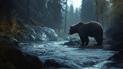 Wall Mural - A powerful bear standing by a rushing river, with its figure blending into the surrounding forest and water, symbolizing strength and the force of nature.  