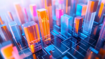 Aufkleber - Abstract city landscape with glowing glass skyscrapers.