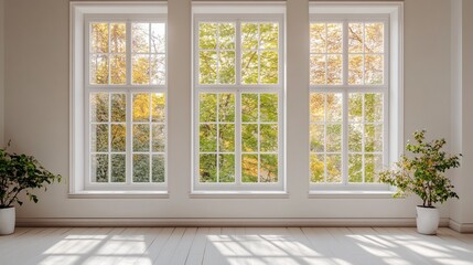 Leinwandbilder - Three large windows in a bright room show autumn foliage outside. Sunlight streams through windows onto wooden floor. Plants flank windows.