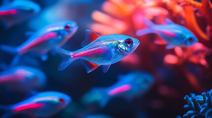 Poster - Vibrant blue and pink fish swim in a coral reef aquarium.