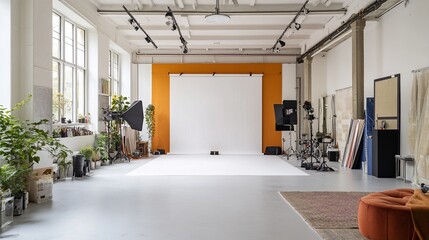 Poster - Spacious photography studio with white backdrop, lighting equipment, and plants.