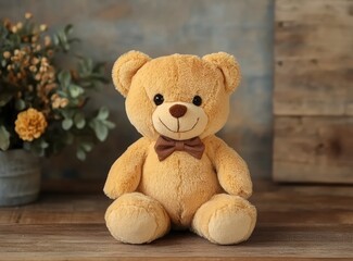 Wall Mural - Cute teddy bear toy on a wooden background, front view. Cute plush toy sitting and looking at the camera with copy space for a children's day or birthday party decoration. High-quality photography,