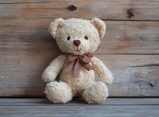 Wall Mural - Cute teddy bear toy on a wooden background, front view, with copy space, studio shot, high-resolution photography.