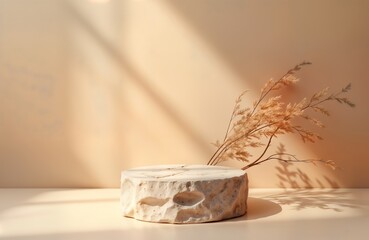 Poster - Natural stone podium on beige backdrop. Dried plants cast shadows. Empty platform for product presentation. Modern minimalist scene. Suitable for beauty products jewelry display. Photographed in