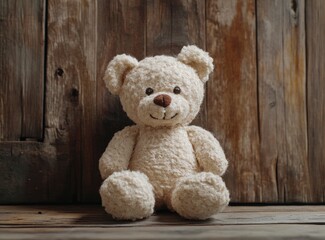 Wall Mural - Cute teddy bear toy on a wooden background, front view, with copy space, studio shot, high-resolution photography.