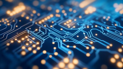 Fototapete - Close-up of illuminated circuit board, showcasing intricate pathways and connections.