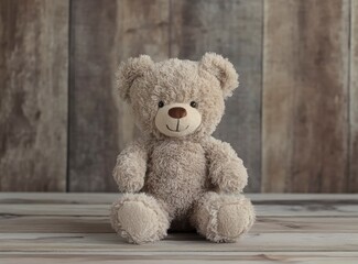 Wall Mural - Cute teddy bear toy on a wooden background, front view, with copy space, studio shot, high-resolution photography.