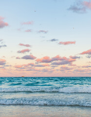 Wall Mural - Romantic summer vacation sunrise on seascape. Sea horizon view. Cloudy sky and seascape at summer vacation. Skyscape with sea horizon. Calm horizon view at sea sunrise. Horizon line