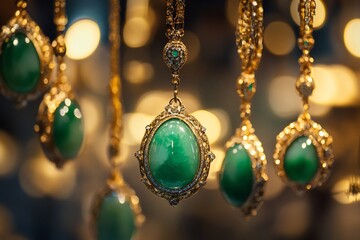 Poster - Close-up of several jade pendants with gold settings hanging in a display.