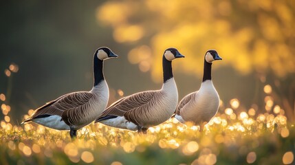 Poster - Three Canada geese stand in a sunlit field, backlit by golden hour light.