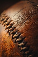 Poster - Close-up of vintage brown leather ball's textured surface and stitching.