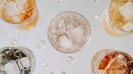 Poster - Overhead view of five glasses of iced bubbly drinks with ice cubes and bubbles.