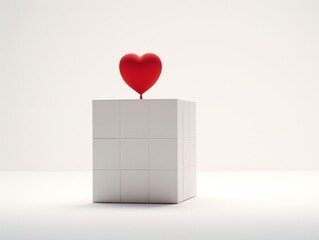 Poster - Red Heart on Top of a White Cube Structure: A Minimalist Composition