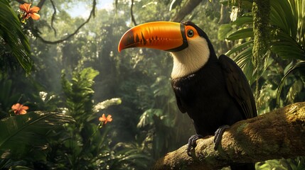 Poster - A toucan perched on a branch in a lush rainforest, sunlight filtering through the canopy.