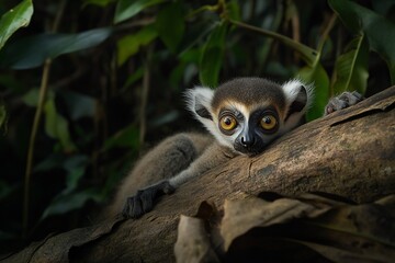 Poster - Adorable baby lemur clinging to a tree branch in a lush rainforest.