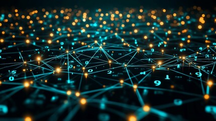 Aufkleber - Abstract network data visualization with glowing nodes and connecting lines, showing digital information flow.