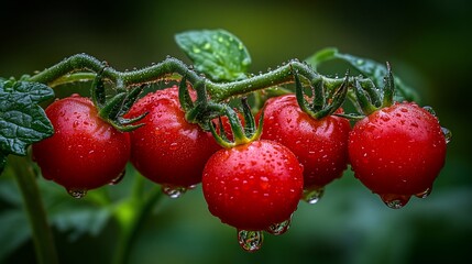 Wall Mural - Ripe red cherry tomatoes on the vine with water droplets.