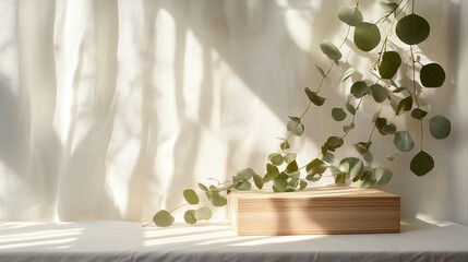 Poster - Wooden box with eucalyptus branches and sunlight shadows on white fabric backdrop.