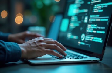 Poster - Person types on laptop keyboard. Coding software development work. Person working on computer. Tech related job at home. Person concentrates on screen. Person looking at laptop. Business online work.
