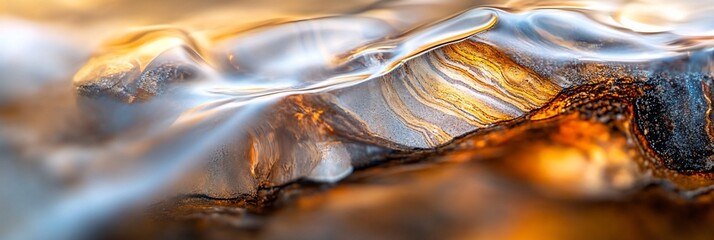 Poster - Abstract close-up of flowing water over textured rock, showcasing vibrant colors and smooth, dynamic movement.