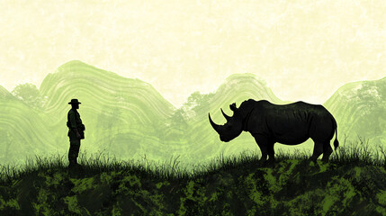 Wall Mural - A ranger standing watch over an endangered rhino, with soft, flowing patterns of green representing protection and natures harmony. 