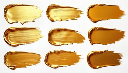 Poster - Golden paint brushstrokes on white background. Abstract art. Luxurious gold shades. Various textures. Shimmering, matte finishes. Design elements. Elegant, sophisticated, creative. Ideal for fashion,