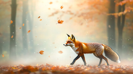 Wall Mural - A red fox trotting through a misty forest, with its body blending into swirling patterns of mist and leaves, symbolizing curiosity and the spirit of exploration. 