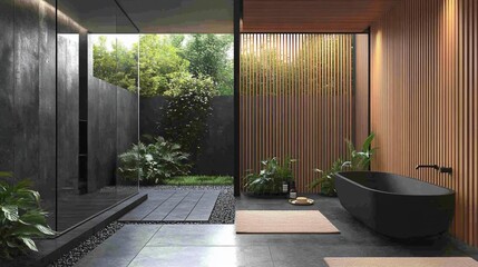 Fototapete - Modern bathroom with black bathtub, wood wall, and private garden view.