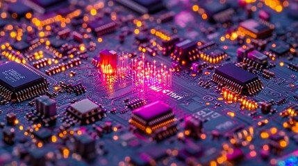 Poster - Close-up of illuminated circuit board with glowing components and intricate details.