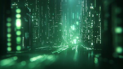 Aufkleber - Futuristic green city glowing at night, digital abstract background.