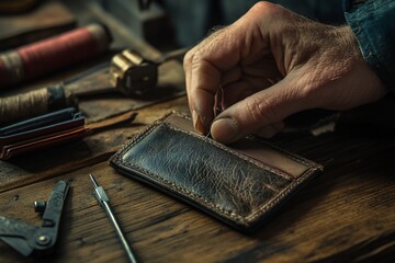 Aufkleber - Close-up of a craftsman's hands meticulously stitching a leather wallet on a rustic wooden workbench.