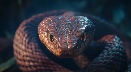 Poster - Close-up of a brown snake's head and upper body, coiled, staring intensely at the viewer, in a dark, blurred background.