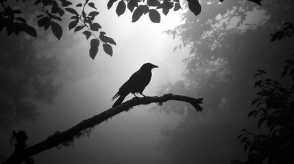 Poster - Silhouetted crow perched on a misty forest branch.