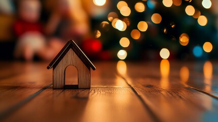 Poster - Small wooden house model on wooden floor with blurred Christmas background.