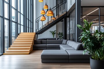 Poster - Modern office interior with comfortable seating, stairs, large windows, and plants.
