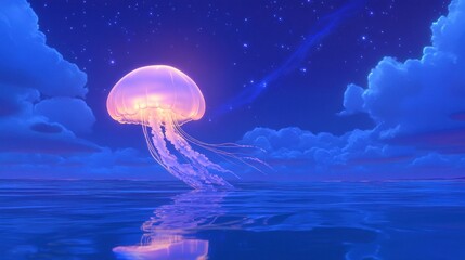 Wall Mural - glowing jellyfish floats in a tranquil night ocean under a starry sky.