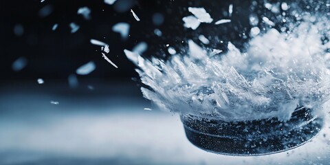 Poster - Close-up of hockey puck impacting ice, creating a frozen splash.